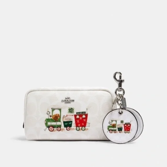 Small Boxy Cosmetic Case And Mirror Bag Charm In Signature Canvas With Train - Picture 2 of 5
